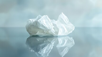 Poster - Crumpled White Tissue Paper on Reflective Surface Against Soft Background, Delicate Textures and Minimalist Aesthetic for Creative Projects