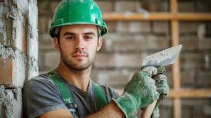Poster - A bricklayer in a green hard hat and safety gloves, holding a trowel, looking directly at the camera