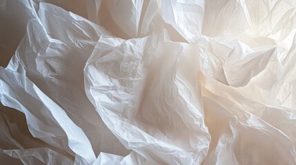 Poster - Abstract close-up of crumpled white paper creating textured layers with light and shadow interplay, ideal for creative design projects and backgrounds.
