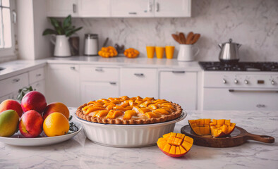 Poster - A pie with a slice missing sits on a counter next to a plate of fruit. The pie is surrounded by oranges and apples, and there are several cups and bowls on the counter