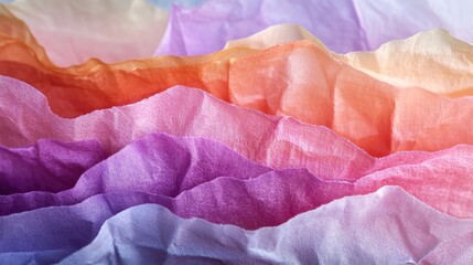 Poster - Colorful layers of crumpled tissue paper in shades of orange, pink, purple and soft pastels creating a dreamy and textured background for creative projects.