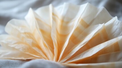 Poster - Delicate Paper Fan with Light Orange and White Stripes on Soft Fabric Background, Ideal for Decor, Crafts, and Artistic Projects in Various Settings and Themes