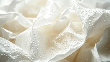 Poster - Close-Up of Textured White Fabric with Water Droplets, Capturing the Delicate Details and Softness of Material in Natural Light