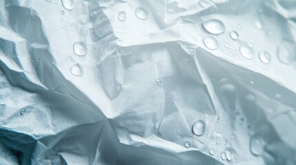Poster - Close-Up View of Crumpled and Textured White Paper with Water Droplets on Surface, Perfect for Backgrounds and Artistic Designs in Various Creative Projects