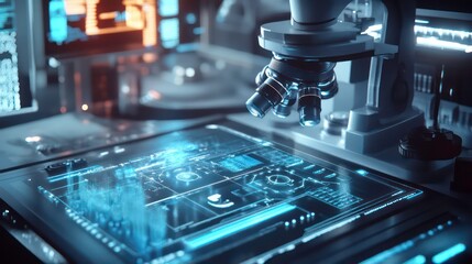 Poster - Laboratory experiment with futuristic electronic microscope interface (3D render)