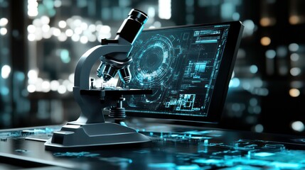 Poster - Laboratory experiment with futuristic electronic microscope interface (3D render)