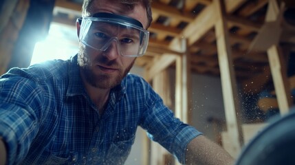 Poster - A carpenter in a blue plaid shirt and safety goggles, holding a circular saw and looking into the camera with wooden beams and sawdust in the background, Carpentry workshop scene