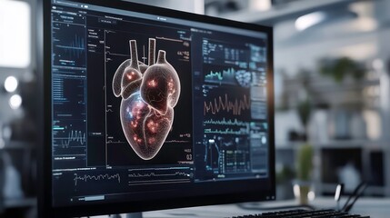 Poster - A computer screen displaying a 3D model of a human heart with medical data and charts.