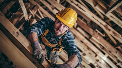 Poster - A carpenter in a yellow hard hat and work clothes, holding a saw and looking at the camera with a determined expression, surrounded by wood beams and construction tools