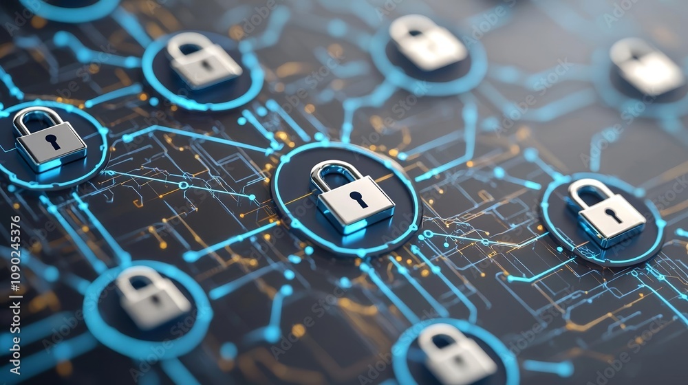 Data network with lock icons, blue digital lines symbolizing secure ...