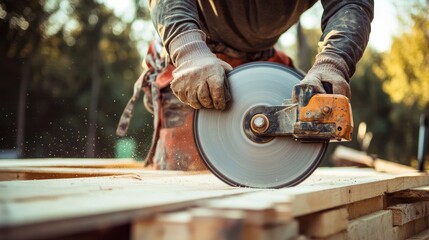 Poster - A carpenter using a circular saw to cut timber on a construction site, Carpentry detail scene, Functional and hands-on style