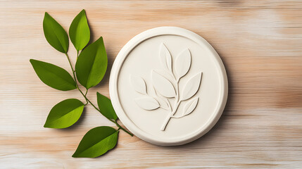 Poster - A circular clay piece with a leaf design rests beside fresh green leaves on a wooden surface, showcasing a natural and artistic theme.