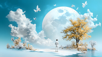 Poster - A serene landscape featuring a person gazing at a large moon, surrounded by clouds and butterflies, with a vibrant tree in a dreamlike setting.