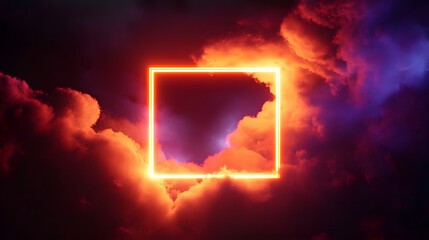 Poster - looping 3d animation. Abstract neon background with glowing square shape and spinning cloud. Blank geometric frame in the sky
