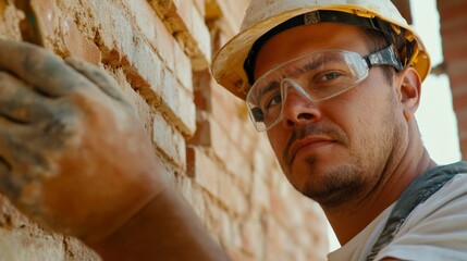 Aufkleber - A close-up of a bricklayer in a hard hat and safety goggles, holding a trowel with a half-finished brick wall in the background, Masonry scene