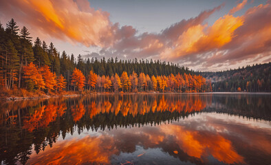 Aufkleber - A beautiful autumn day with a lake in the background. The sky is filled with clouds and the sun is setting, creating a warm and peaceful atmosphere. The trees are covered in vibrant orange leaves