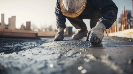 Poster - A close-up of a concrete worker in a hard hat and safety glasses, smoothing out freshly poured concrete with a trowel, with construction forms in the background