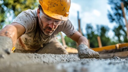 Poster - A close-up of a concrete worker in a hard hat and safety glasses, smoothing out freshly poured concrete with a trowel, with construction forms in the background