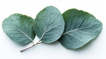 Wall Mural - Three green leaves arranged on a white background, showcasing their texture and structure.