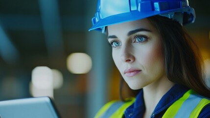 Poster - A close-up of a construction engineer in a blue hard hat and safety vest, analyzing a tablet with construction plans and gazing at the camera, Construction site scene