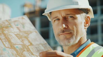 Poster - A close-up of a construction foreman in a white hard hat and high-visibility vest, holding a construction site map and looking directly at the camera, Construction site scene