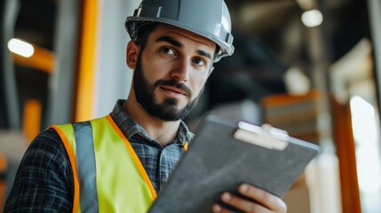 Poster - A close-up of a construction project manager in a gray helmet and safety vest, discussing project details with a clipboard and looking directly at the camera, Construction site scene