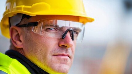 Aufkleber - A close-up of a construction safety officer in a bright yellow hard hat and high-visibility jacket, inspecting the site’s safety protocols with a determined look, Construction site scene