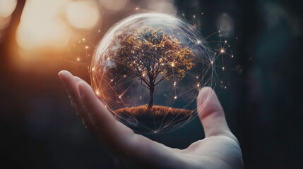 Poster - human hand holding a globe with a flourishing tree inside, with digital lines connecting to the back