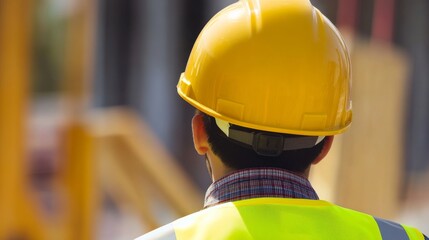 Poster - A close-up of a construction safety officer in a yellow vest and helmet, inspecting safety equipment on-site, Construction site scene