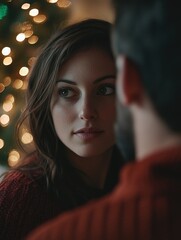 Poster - Woman looking at man near Christmas tree