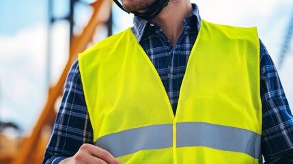 Poster - A close-up of a construction safety officer in a yellow vest and helmet, inspecting safety equipment on-site, Construction site scene
