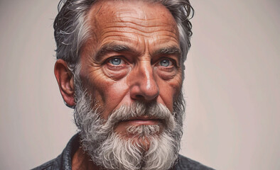 Poster - A man with a beard and gray hair is looking at the camera. He has a serious expression on his face