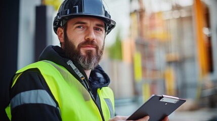 Poster - A close-up of a construction supervisor wearing a black helmet and high-visibility jacket, making notes on a clipboard while looking directly at the camera, Construction site scene