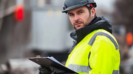 Poster - A close-up of a construction supervisor wearing a black helmet and high-visibility jacket, making notes on a clipboard while looking directly at the camera, Construction site scene