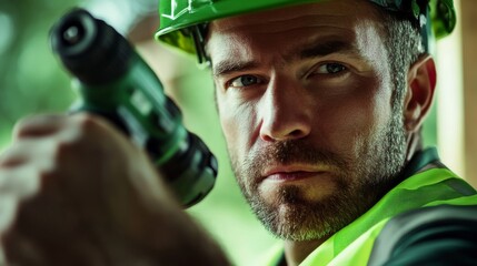 Aufkleber - A close-up of a construction worker in a green hard hat and reflective vest, operating a drill with concentration and looking towards the camera, Construction site scene