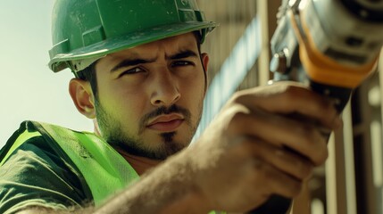 Poster - A close-up of a construction worker in a green hard hat and reflective vest, operating a drill with concentration and looking towards the camera, Construction site scene