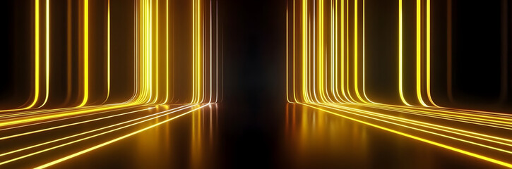 Wall Mural - 3d render. abstract background of yellow neon lines ascending. modern digital wallpaper. streaming p
