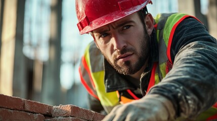 Poster - A close-up of a construction worker in a red hard hat and reflective vest, laying bricks with care and looking towards the camera, Construction site scene