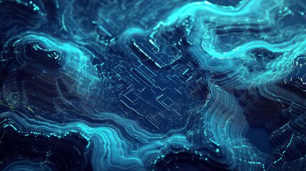 Poster - Abstract digital landscape with glowing blue lines and shapes.