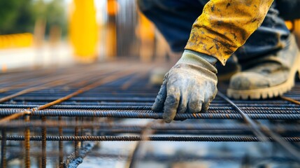 Aufkleber - A close-up of a construction worker inspecting rebar alignment at a bridge construction site, Bridge construction rebar inspection scene, Technical and meticulous style