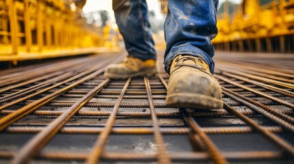 Aufkleber - A close-up of a construction worker inspecting rebar alignment at a bridge construction site, Bridge construction rebar inspection scene, Technical and meticulous style