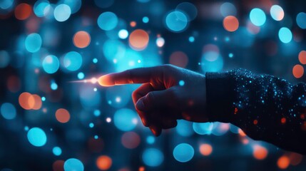 Poster - Hand of businessman pointing at blurry blue bokeh circles with a creative glowing upward arrow