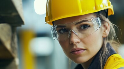Aufkleber - A close-up of a female construction worker in a yellow hard hat and safety glasses, inspecting construction materials with a serious expression, Construction site scene