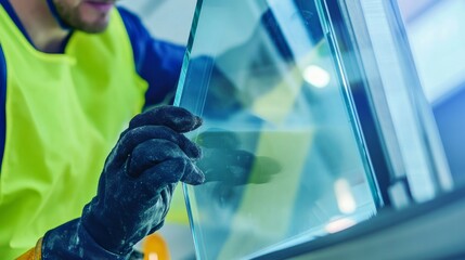Poster - A close-up of a glazier in safety gear carefully fitting a large pane of glass into a window frame, Glass installation scene, Precise and delicate style
