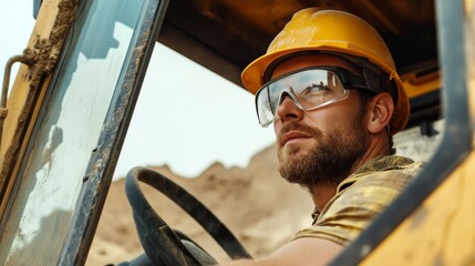 Aufkleber - A close-up of a heavy machinery operator in a hard hat and protective eyewear, looking out from the cab of a bulldozer with earth-moving activities in the background, Earth-moving scene
