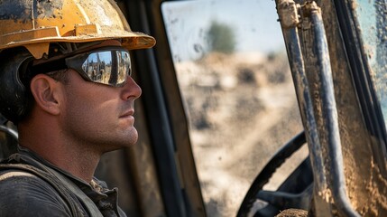 Poster - A close-up of a heavy machinery operator in a helmet and protective eyewear, looking out from the cab of an excavator on a construction site, Excavation scene