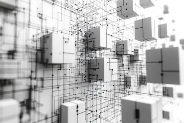 Fototapete - Abstract Network Cubes Connections Digital Data Technology Structure Complex System Grid Lines