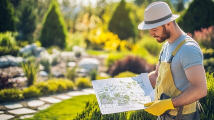 Aufkleber - A close-up of a landscape designer in a hat and gloves, holding a garden plan with a beautifully landscaped garden in the background, Landscape design scene
