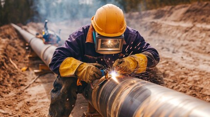 Poster - A close-up of a pipeline worker in a hard hat and safety goggles, welding a pipeline with sparks flying and construction site in the background, Pipeline construction scene