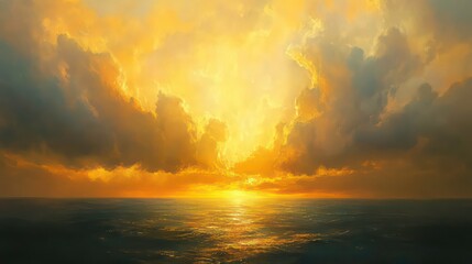Wall Mural - a breathtaking sunset over the ocean, with a fiery sky filled with dramatic clouds and golden light 